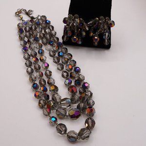 Triple Strand Smoky Aurora Borealis Crystal Glass Vintage Choker &  Earring Set